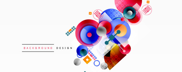 Obraz premium Abstract colorful design. Circles, squares, dots create dynamic composition. Modern background with vibrant elements, clean aesthetic.