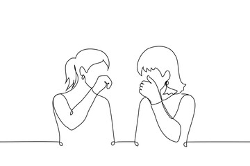 women laughing or whispering together, covering their mouths with their hands - one line vector. friends whispering, colleagues gossiping, sisters laughing, flirting