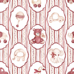 Vintage toys seamless patter hand drawn with watercolor. Retro toys repeating pattern. Gender neutral design for birthday, gender party, baby shower, textile, fabric, wrapping paper