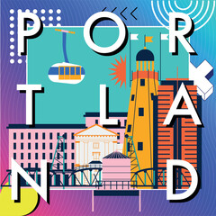 Typography word "Portland" branding technology concept. Collection of flat vector web icons. Culture travel Memphis set, famous architectures, specialties detailed silhouette. American famous landmark