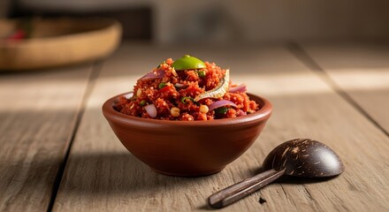 Traditional Sri Lankan Katta Sambol on Wooden Table – Authentic Village Food Close-Up