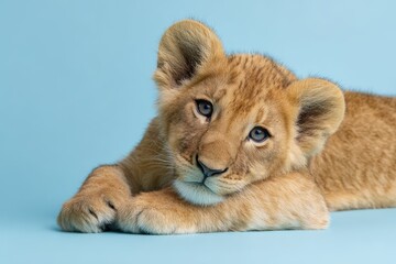 Obraz premium Adorable Lion Cub Portrait A Gentle Gaze on Light Blue Background