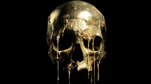 Metallic cranium structure appears covered in flowing molten precious metal against a dark background
