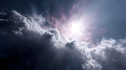 Obraz premium A radiant sun breaks through dramatic swirling clouds illuminating cosmic remnants with ethereal light