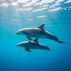 Fototapeta premium Experience the magic of the ocean with these graceful dolphins swimming in clear blue waters. Evokes freedom, adventure, and the beauty of marine life.