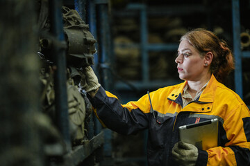 Female hispanic technician inspect used car damaged part at scrap yard warehouse recycle area....
