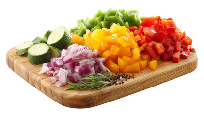 Vibrant chopped Vegetables carrots, yellow pepper, cucumber, green pepper, and beets arranged on a wooden board, ideal for fresh, healthy cooking, recipe ideas, meal prep, and nutrition topics.