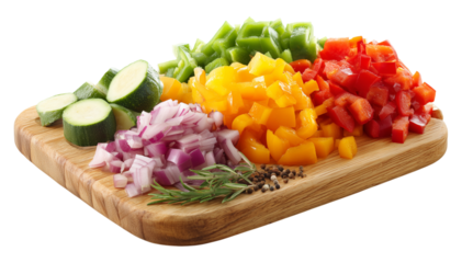 Vibrant chopped Vegetables carrots, yellow pepper, cucumber, green pepper, and beets arranged on a wooden board, ideal for fresh, healthy cooking, recipe ideas, meal prep, and nutrition topics.
