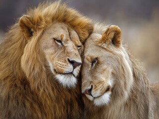 Obraz premium Lion Love Affectionate Pair Resting Head-to-Head with Eyes Closed, Symbolizing Bond and Tranquility