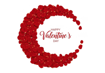 Circular frame made of red rose petals with happy valentines day text in the center, isolated on transparent background grainy