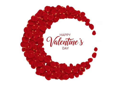 Circular frame made of red rose petals with happy valentines day text in the center, isolated on transparent background grainy