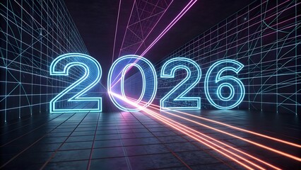 Neon 2026 numbers with geometric light trails in digital scene