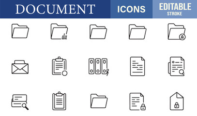Linear vector collection of folder, document, and binder icons for business organization and file storage.