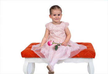 Rear view of a little girl in a pink tutu and ballet slippers, standing gracefully with a tiara on her head, holding pointe shoes.Little ballerina practicing dance moves. 