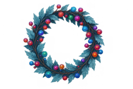 Christmas wreath decorating door or wall, colorful festive berries on blue leaves, holiday season greeting illustration