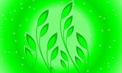 Abstract green botanical leaves background with glowing gradient light and soft dots, minimal nature plant illustration for eco concept, organic theme, fresh greenery backdrop design