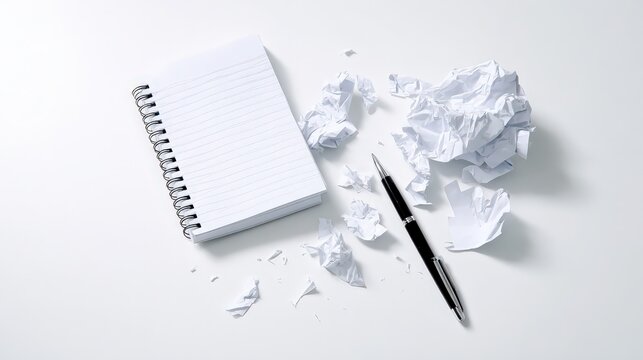 Crumpled paper, blank notebook, pen symbolizing creative frustration