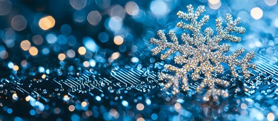 Microchip board framed in a snowflake on a blue background. Technology concept and evokes a festive atmosphere of Happy New Year and Merry Christmas.