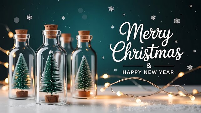 Christmas trees in glass bottles with fairy lights and merry christmas message