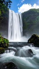 Fototapeta premium A majestic waterfall cascades over a rocky cliffside, surrounded by lush green vegetation under a bright, cloud-filled sky
