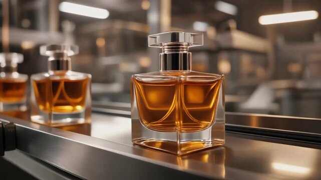 Close-Up of Modern Perfume Bottles on Conveyor Belt with Luxury Production