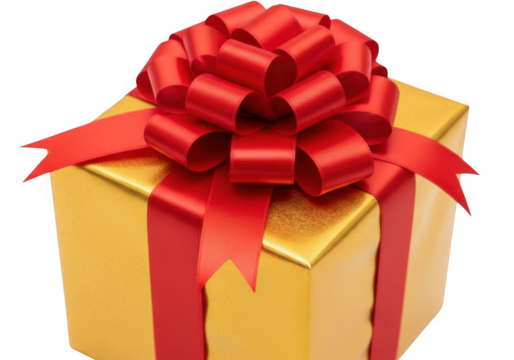A golden gift box with a red ribbon and bow, isolated on transparent background grainy