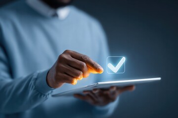 Close up of hand tapping digital check mark on tablet screen representing approval tracking and digital workflow in logistics operations