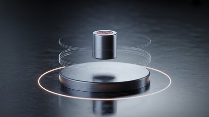 Levitating Magnet: A futuristic display showcasing a cylindrical magnet floating in mid-air, highlighted by a subtle glow, demonstrating the marvels of science and technology.