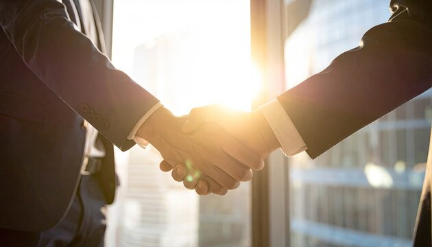 Two businessmen in formal suits shaking hands across a table with bright sunlight streaming through a window creating lens flare with city buildings in the background captured in a wide angle shot