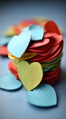 background with overlapping confetti shapes in cheerful pastel tones scattered chaotically across surface