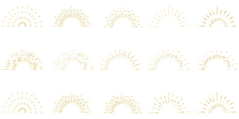 Golden sunburst frame collection. Retro gold radial sun light border set. Vintage sun beams or rays circle element pack for cadre, decor, label, badge, emblem. Vector yellow round boarder bundle