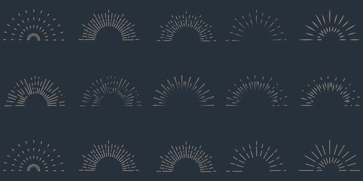 Golden sunburst frame collection. Retro gold radial sun light border set. Vintage sun beams or rays circle element pack for cadre, decor, label, badge, emblem. Vector yellow round boarder bundle