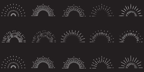 Golden sunburst frame collection. Retro gold radial sun light border set. Vintage sun beams or rays circle element pack for cadre, decor, label, badge, emblem. Vector yellow round boarder bundle