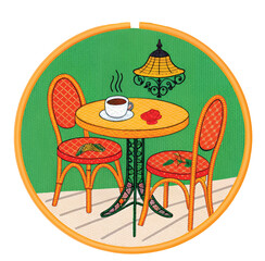Charming cafe scene with steaming coffee, perfect for menu designs or restaurant promotions, evokes warmth and comfort with its cozy seating and floral accents