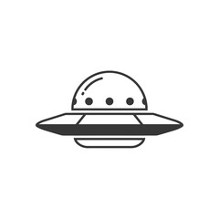 Fototapeta premium A simple black and white line art icon of a classic flying saucer or UFO, isolated on a plain background.