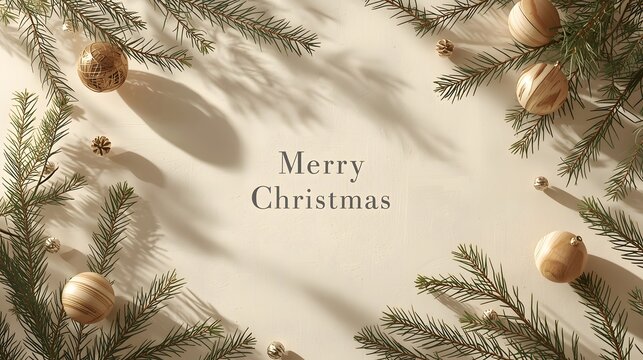 Minimal merry christmas background with pine branches and ornaments for festive season greetings and celebrations