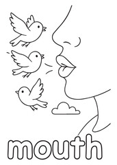 coloring book mouth blowing air with flying birds