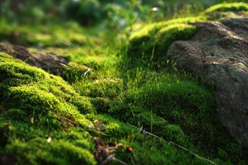 Fototapeta premium Beautiful green moss texture thrives in outdoor light showcasing nature's tranquility in a lush setting