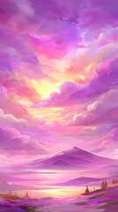 background with hand painted mountain silhouettes fading into misty sunrise gradient sky