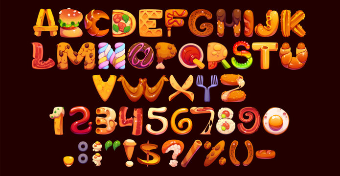 Cartoon fast food font, fastfood typeface, takeaway type, appetizing kids english alphabet set. Vector burger, pizza and sandwich snacks letters and numbers typography. Fast food restaurant menu font