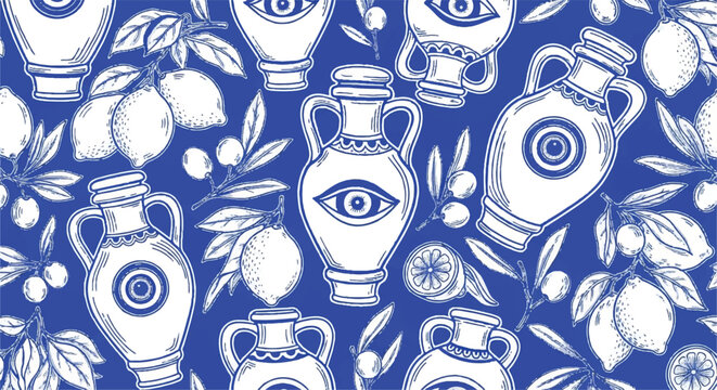 Mediterranean Blue Seamless Pattern with Evil Eye Amphorae and Lemons