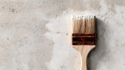 Wide paintbrush loaded with white pigment rests against a textured, rough surface undergoing treatment