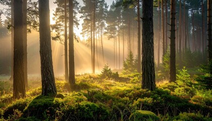 Golden Sunlight Beams Through Pine Trees Illuminating a Forest Floor Covered in Dew Droplets
