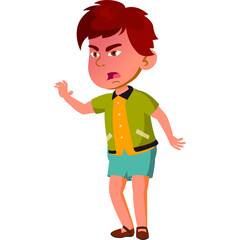 Young Boy Expressing Anger And Frustration Standing In A Casual Pose With Reddish Tint To His Face And Wearing A Green Shirt And Blue Shorts On A White Background