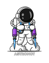 Obraz premium A cartoon astronaut in a white spacesuit with purple and blue oxygen tanks and a black helmet standing on a cloud with a playful and adventurous mood.