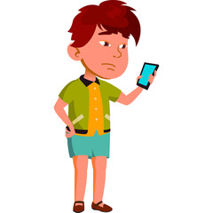 Young Boy Holding A Smartphone Looking Concerned With Green Collared Shirt Blue Shorts And Brown Shoes Isolated On White Background Studio Shot