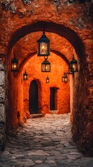 color lanterns hanging across alley with terracotta walls radiating soft amber light