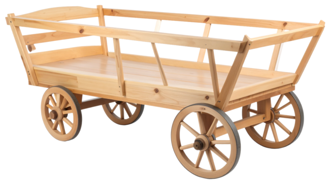 empty old wooden carriage with four wheels isolated on white background