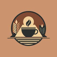 A cup of coffee sits on a plate surrounded by leaves, Use negative space to create a unique logo for a trendy cafe