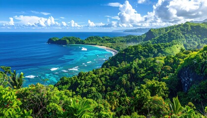 Lush Green Tropical Island Coastline With Turquoise Ocean Water And White Clouds In Bright Daylight Aerial View